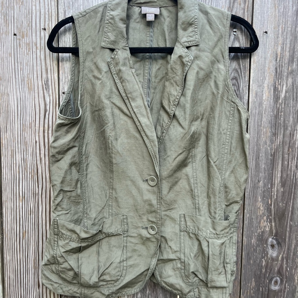 J. JILL Silk and linen Blend Army Olive Green Vest Women’s Small - Picture 2 of 7